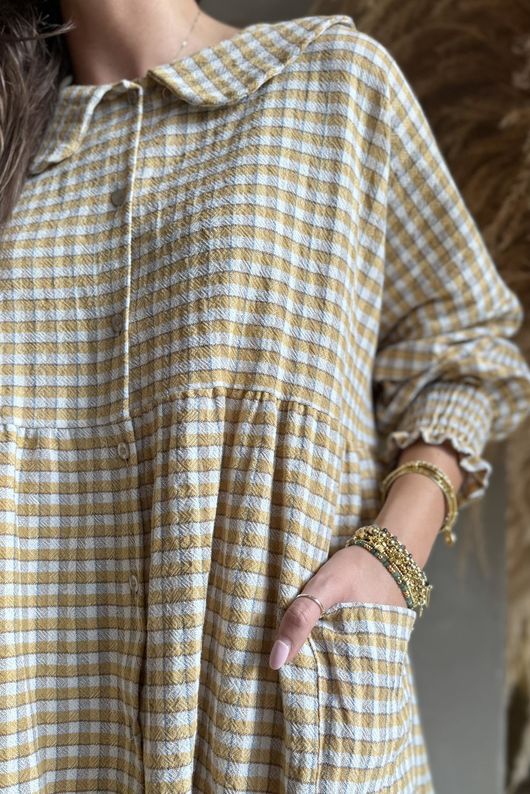 Annie Gingham Peter Pan Smock Blouse Mustard